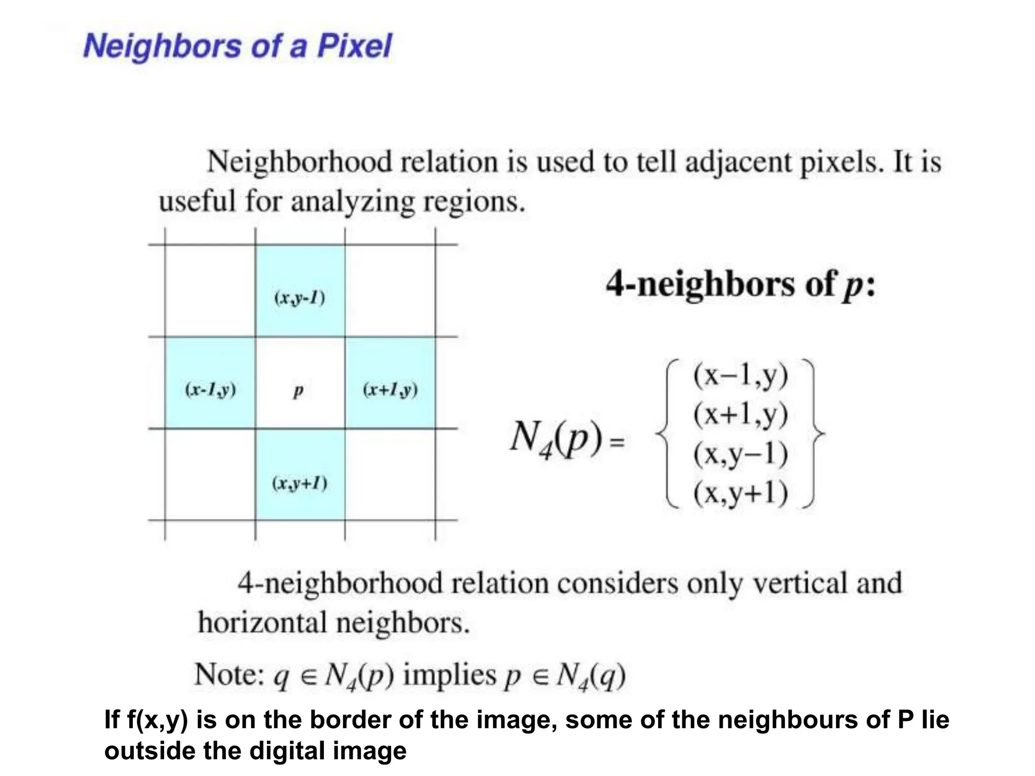 If f(x,y) is on the border of the image, some of the neighbours of P lie
outside the digital image
 