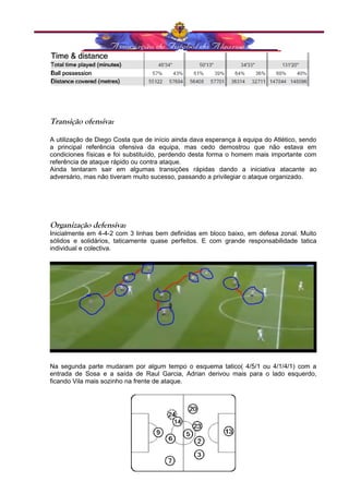 Transição ofensiva: 
A utilização de Diego Costa que de início ainda dava esperança á equipa do Atlético, sendo 
a principal referência ofensiva da equipa, mas cedo demostrou que não estava em 
condiciones físicas e foi substituído, perdendo desta forma o homem mais importante com 
referência de ataque rápido ou contra ataque. 
Ainda tentaram sair em algumas transições rápidas dando a iniciativa atacante ao 
adversário, mas não tiveram muito sucesso, passando a privilegiar o ataque organizado. 
Organização defensiva: 
Inicialmente em 4-4-2 com 3 linhas bem definidas em bloco baixo, em defesa zonal. Muito 
sólidos e solidários, taticamente quase perfeitos. E com grande responsabilidade tatica 
individual e colectiva. 
Na segunda parte mudaram por algum tempo o esquema tatico( 4/5/1 ou 4/1/4/1) com a 
entrada de Sosa e a saída de Raul Garcia, Adrian derivou mais para o lado esquerdo, 
ficando Vila mais sozinho na frente de ataque. 
 