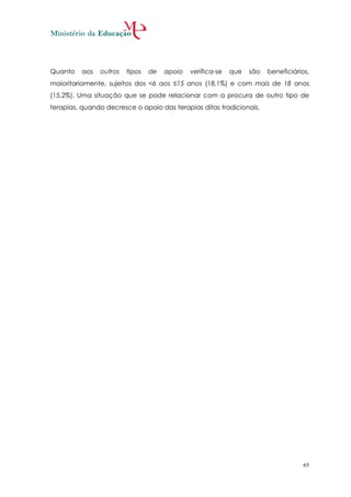 Quanto   aos   outros   tipos   de   apoio   verifica-se   que   são   beneficiários,
maioritariamente, sujeitos dos <6 aos ≤15 anos (18,1%) e com mais de 18 anos
(15,2%). Uma situação que se pode relacionar com a procura de outro tipo de
terapias, quando decresce o apoio das terapias ditas tradicionais.




                                                                                   65
 