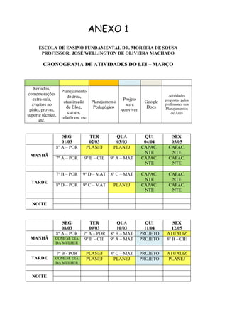 ANEXO 1
      ESCOLA DE ENSINO FUNDAMENTAL DR. MOREIRA DE SOUSA
       PROFESSOR: JOSÉ WELLINGTON DE OLIVEIRA MACHADO

        CRONOGRAMA DE ATIVIDADES DO LEI – MARÇO



   Feriados,
                     Planejamento
comemorações                                                                 Atividades
                        de área,
  extra-sala,                                          Projeto             propostas pelos
                      atualização      Planejamento               Google
  eventos no                                            ser e              professores nos
                        de Blog,        Pedagógico                 Docs    Planejamentos
 pátio, provas,                                       conviver
                         cursos,                                               de Área
suporte técnico,
                     relatórios, etc
      etc.


                  SEG               TER           QUA             QUI         SEX
                  01/03             02/03         03/03           04/04       05/05
               8º A – POR          PLANEJ        PLANEJ          CAPAC.      CAPAC.
                                                                  NTE         NTE
 MANHÃ
               7º A – POR         9º B – CIE    9º A – MAT       CAPAC.      CAPAC.
                                                                  NTE         NTE

               7º B – POR        9º D – MAT     8º C – MAT       CAPAC.      CAPAC.
                                                                  NTE         NTE
  TARDE
               8º D – POR        9º C – MAT      PLANEJ          CAPAC.      CAPAC.
                                                                  NTE         NTE


  NOITE



                  SEG                TER           QUA             QUI         SEX
                  08/03              09/03         10/03           11/04       12/05
               8º A – POR         7º A – POR    8º B – MAT       PROJETO    ATUALIZ
 MANHÃ         COMEM. DIA         9º B – CIE    9º A – MAT       PROJETO    8º B – CIE
               DA MULHER

                   7º B - POR      PLANEJ       8º C – MAT       PROJETO    ATUALIZ
  TARDE        COMEM. DIA          PLANEJ         PLANEJ         PROJETO     PLANEJ
               DA MULHER


  NOITE
 