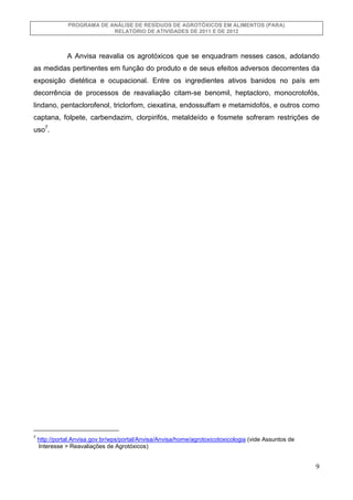 PROGRAMA DE ANÁLISE DE RESÍDUOS DE AGROTÓXICOS EM ALIMENTOS (PARA)
RELATÓRIO DE ATIVIDADES DE 2011 E DE 2012

A Anvisa rea...