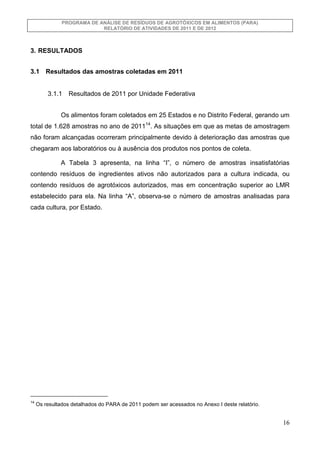 PROGRAMA DE ANÁLISE DE RESÍDUOS DE AGROTÓXICOS EM ALIMENTOS (PARA)
RELATÓRIO DE ATIVIDADES DE 2011 E DE 2012

3. RESULTADO...