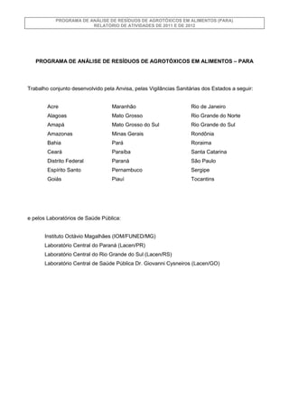 PROGRAMA DE ANÁLISE DE RESÍDUOS DE AGROTÓXICOS EM ALIMENTOS (PARA)
RELATÓRIO DE ATIVIDADES DE 2011 E DE 2012

PROGRAMA DE ...