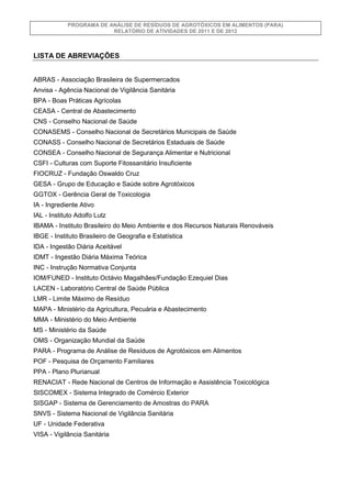 PROGRAMA DE ANÁLISE DE RESÍDUOS DE AGROTÓXICOS EM ALIMENTOS (PARA)
RELATÓRIO DE ATIVIDADES DE 2011 E DE 2012

LISTA DE ABR...