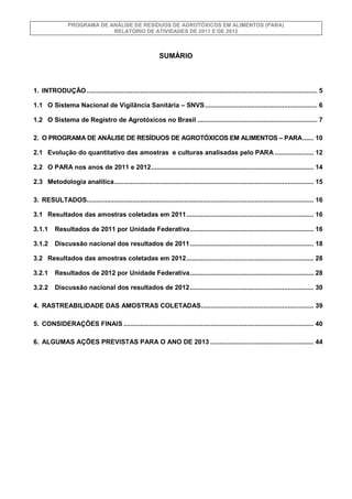 PROGRAMA DE ANÁLISE DE RESÍDUOS DE AGROTÓXICOS EM ALIMENTOS (PARA)
RELATÓRIO DE ATIVIDADES DE 2011 E DE 2012

SUMÁRIO

1. ...