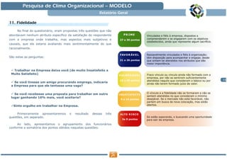 Pesquisa de Clima Organizacional — MODELO
                                                           Relatório Geral

11. Fidelidade
     No final do questionário, eram propostas três questões que não
abordavam nenhum atributo específico da satisfação do respondente
com a empresa onde trabalha, mas aspectos mais subjetivos e            27 a a 40 pontos
                                                                        36 30 pontos
causais, que ele estaria avaliando mais sentimentalmente do que
racionalmente.


São estas as perguntas:
                                                                       21 a a 35 pontos
                                                                        28 26 pontos



  Trabalhar na Empresa deixa você (de muito Insatisfeito a
 Muito Satisfeito)

                                                                       15 a a 27 pontos   12
   Se você tivesse um amigo procurando emprego, indicaria               20 20 pontos
 a Empresa para que ele tentasse uma vaga?

   Se você recebesse uma proposta para trabalhar em outro
 lugar ganhando 10% mais, você aceitaria?
                                                                       9 a 14 pontos
                                                                        12 a 19 pontos

  Sinto orgulho em trabalhar na Empresa.

     Primeiramente apresentaremos      o   resultado   dessas   três
questões, em separado.
                                                                        3a 8 pontos
                                                                        4 a 11 pontos
     Ao lado, apresentamos o agrupamento dos funcionários
conforme a somatória dos pontos obtidos naquelas questões:
 