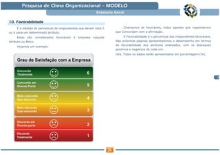 Pesquisa de Clima Organizacional — MODELO
                                                                Relatório Geral

10. Favorabilidade
     É a medida do percentual de respondentes que deram nota 5                 Chamamos de favoráveis, todos aqueles que responderam
ou 6 para um determinado atributo.                                        que Concordam com a afirmação.

     Estes   são     considerados   favoráveis   à   empresa   naquele         E Favorabilidade é o percentual dos respondentes favoráveis.
Atributo ou Bloco.                                                        Nas próximas páginas apresentaremos o desempenho em termos
                                                                          de favorabilidade dos atributos analisados, com os destaques
     Vejamos um exemplo:
                                                                          positivos e negativos de cada um.
                                                                          Obs. Todos os dados serão apresentados em porcentagem (%).




                                                                                                                                              8
 