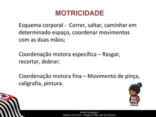 MOTRICIDADE 
Esquema corporal - Correr, saltar, caminhar em 
determinado espaço, coordenar movimentos 
com as duas mãos; 
Coordenação motora específica – Rasgar, 
recortar, dobrar; 
Coordenação motora fina – Movimento de pinça, 
caligrafia, pintura. 
SECRETARIA DA EDUCAÇÃO 
Núcleo Pedagógico 
Diretoria Coordenadoria de Ensino de – Região Gestão de da São Educação José dos Básica 
Campos 
 
