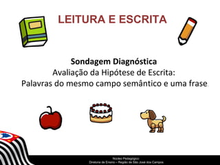 LEITURA E ESCRITA 
Sondagem Diagnóstica 
Avaliação da Hipótese de Escrita: 
Palavras do mesmo campo semântico e uma frase. 
SECRETARIA DA EDUCAÇÃO 
Núcleo Pedagógico 
Diretoria Coordenadoria de Ensino de – Região Gestão de da São Educação José dos Básica 
Campos 
 
