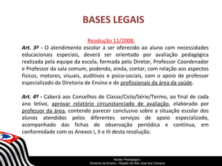 BASES LEGAIS 
Resolução 11/2008: 
Art. 3º - O atendimento escolar a ser oferecido ao aluno com necessidades 
educacionais especiais, deverá ser orientado por avaliação pedagógica 
realizada pela equipe da escola, formada pelo Diretor, Professor Coordenador 
e Professor da sala comum, podendo, ainda, contar, com relação aos aspectos 
físicos, motores, visuais, auditivos e psico-sociais, com o apoio de professor 
especializado da Diretoria de Ensino e de profissionais da área da saúde. 
Art. 4º - Caberá aos Conselhos de Classe/Ciclo/Série/Termo, ao final de cada 
ano letivo, aprovar relatório circunstanciado de avaliação, elaborado por 
professor da área, contendo parecer conclusivo sobre a situação escolar dos 
alunos atendidos pelos diferentes serviços de apoio especializado, 
acompanhado das fichas de observação periódica e contínua, em 
conformidade com os Anexos I, II e III desta resolução. 
SECRETARIA DA EDUCAÇÃO 
Núcleo Pedagógico 
Diretoria Coordenadoria de Ensino de – Região Gestão de da São Educação José dos Básica 
Campos 
 