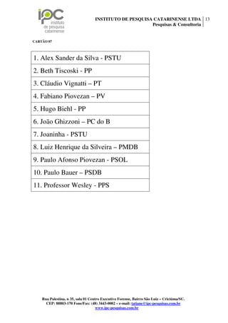 INSTITUTO DE PESQUISA CATARINENSE LTDA 13
                                                        Pesquisas & Consultoria


CARTÃO 07




1. Alex Sander da Silva - PSTU
2. Beth Tiscoski - PP
3. Cláudio Vignatti – PT
4. Fabiano Piovezan – PV
5. Hugo Biehl - PP
6. João Ghizzoni – PC do B
7. Joaninha - PSTU
8. Luiz Henrique da Silveira – PMDB
9. Paulo Afonso Piovezan - PSOL
10. Paulo Bauer – PSDB
11. Professor Wesley - PPS




    Rua Palestina, n 35, sala 01 Centro Executivo Forense, Bairro São Luiz – Criciúma/SC.
      CEP: 88803-170 Fone/Fax: (48) 3443-0002 – e-mail: tatiane@ipc-pesquisas.com.br
                                     www.ipc-pesquisas.com.br
 