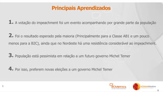 5
Principais Aprendizados
5
1. A votação do impeachment foi um evento acompanhando por grande parte da população
2. Foi o resultado esperado pela maioria (Principalmente para a Classe AB1 e um pouco
menos para a B2C), ainda que no Nordeste há uma resistência considerável ao impeachment.
3. População está pessimista em relação a um futuro governo Michel Temer
4. Por isso, preferem novas eleições a um governo Michel Temer
 