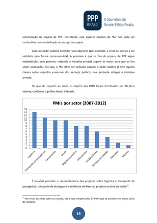 16
estruturação do projeto de PPP. Entretanto, este aspecto positivo do PMI não pode ser
confundido com a indefinição do escopo do projeto.
Cabe ao poder público delimitar seus objetivos (por exemplo, o nível de serviço a ser
satisfeito pela futura concessionária). A premissa é que os fins do projeto de PPP sejam
estabelecidos pelo governo, restando à iniciativa privada sugerir os meios para que os fins
sejam alcançados. Ou seja, o PMI deve ser utilizado quando o poder público já tem alguma
clareza sobre aspectos essenciais dos serviços públicos que pretende delegar à iniciativa
privada.
No que diz respeito ao setor, os objetos dos PMIs foram distribuídos em 10 (dez)
setores, conforme o gráfico abaixo indicado.
É possível perceber a preponderância dos projetos sobre logística e transporte de
passageiros. Um ponto de destaque é a existência de diversos projetos na área de saúde12
.
12
Para mais detalhes sobre os setores, ver a lista completa dos 73 PMIs que se encontra no anexo único
do relatório.
0
1
2
3
4
5
6
7
8
9
10
11
12
13
14
PMIs por setor (2007-2012)
 