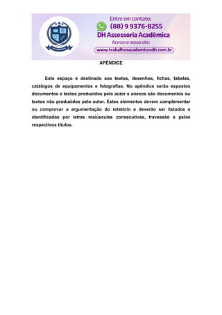APÊNDICE
Este espaço é destinado aos textos, desenhos, fichas, tabelas,
catálogos de equipamentos e fotografias. No apêndice serão expostos
documentos e textos produzidos pelo autor e anexos são documentos ou
textos não produzidos pelo autor. Estes elementos devem complementar
ou comprovar a argumentação do relatório e deverão ser listados e
identificados por letras maiúsculas consecutivas, travessão e pelos
respectivos títulos.
 