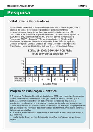 Relatório Anual 2009                                                       PROPPi


Pesquisa
 Edital Jovens Pesquisadores
 Foi criado em 2009 o Edital Jovens Pesquisadores, vinculado ao Fopesq, com o
 objetivo de apoiar a execução de projetos de pesquisa científica,
 tecnológica, ou de inovação, de jovens pesquisadores docentes da UFF,
 contratados a partir de 2006 e que obtiveram seu título de doutor a partir de
 2004. Neste ano, foram submetidos 117 projetos por via eletrônica no E-
 Fomento da PROPPi, dos quais 97 foram enquadrados no Edital e estão
 distribuídos da seguinte forma entre as grandes áreas: Ciências Agrárias;
 Ciências Biológicas; Ciências Exatas e da Terra; Ciências Sociais Aplicadas;
 Engenharias; Humanas; Lingüística, Letras e Artes; e Ciências da Saúde.




  Projeto de Publicação Científica
  O Projeto de Publicação Científica foi criado em 2009 com o objetivo de aumentar
  quantitativa e qualitativamente a produção científica na UFF, uma vez que a
  publicação científica constitui um dos principais indicadores de produção
  acadêmica, com impacto no processo de transformação social das pesquisas, na
  competitividade dos docentes na busca por recursos, na avaliação dos programas de
  pós-graduação e na formação dos mestrandos e doutorandos. Duas ações concretas
  já foram desenvolvidas:
  ?   A realização do Seminário sobre Publicação Científica, com aproximadamente
  500 inscritos;
  ?   Implantação de um serviço de tradução científica profissional para a língua
  inglesa.
 