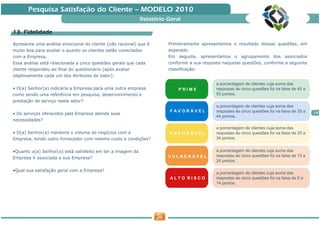 Pesquisa Satisfação do Cliente — MODELO 2010
                                                            Relatório Geral

13. Fidelidade

Apresenta uma análise emocional do cliente (não racional) que é       Primeiramente apresentamos o resultado dessas questões, em
muito boa para avaliar o quanto os clientes estão conectados          separado.
com a Empresa.                                                        Em seguida, apresentamos o agrupamento dos associados
Essa análise está relacionada a cinco questões gerais que cada        conforme a sua resposta naquelas questões, conforme a seguinte
cliente respondeu ao final do questionário (após avaliar              classificação:
objetivamente cada um dos Atributos de Valor):
                                                                                           a porcentagem de clientes cuja soma das
• O(a) Senhor(a) indicaria a Empresa para uma outra empresa               PRIME            respostas às cinco questões foi na faixa de 45 a
como sendo uma referência em pesquisa, desenvolvimento e                                   50 pontos.
prestação de serviço neste setor?
                                                                                           a porcentagem de clientes cuja soma das
                                                                       FAVORÁVEL           respostas às cinco questões foi na faixa de 35 a   14
• Os serviços oferecidos pela Empresa atende suas
                                                                                           44 pontos.
necessidades?
                                                                                           a porcentagem de clientes cuja soma das
• O(a) Senhor(a) manteria o volume de negócios com a                   FAVORÁVEL           respostas às cinco questões foi na faixa de 25 a
Empresa, tendo outro fornecedor com mesmo custo e condições?                               34 pontos.


•Quanto o(a) Senhor(a) está satisfeito em ter a imagem da                                  a porcentagem de clientes cuja soma das
                                                                      VULNERÁVEL           respostas às cinco questões foi na faixa de 15 a
Empresa X associada a sua Empresa?
                                                                                           24 pontos.

•Qual sua satisfação geral com a Empresa?
                                                                                           a porcentagem de clientes cuja soma das
                                                                       ALTO RISCO          respostas às cinco questões foi na faixa de 5 a
                                                                                           14 pontos.
 