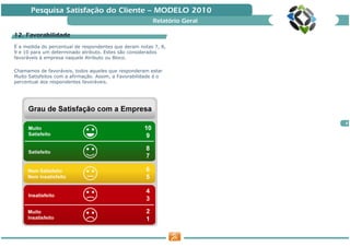 Pesquisa Satisfação do Cliente — MODELO 2010
                                                         Relatório Geral

12. Favorabilidade
É a medida do percentual de respondentes que deram notas 7, 8,
9 e 10 para um determinado atributo. Estes são considerados
favoráveis à empresa naquele Atributo ou Bloco.

Chamamos de favoráveis, todos aqueles que responderam estar
Muito Satisfeitos com a afirmação. Assim, a Favorabilidade é o
percentual dos respondentes favoráveis.




                                                                           8
 