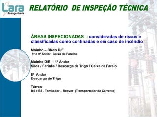 ÁREAS INSPECIONADAS - consideradas de riscos e
classificadas como confinadas e em caso de incêndio
Moinho – Bloco D/E
8º e 9º Andar Caixa de Farelos
Moinho D/E – 1º Andar
Silos / Farinha / Descarga de Trigo / Caixa de Farelo
8º Andar
Descarga de Trigo
Térreo
B4 e B5 - Tombador – Reaver (Transportador de Corrente)
 