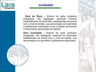 Zona de Risco - Entorno de parte condutora
energizada, não segregada, acessível inclusive
acidentalmente, de dimensões estabelecidas de acordo
com o nível de tensão, cuja aproximação só é permitida
a profissionais autorizados e com a adoção de técnicas
e instrumentos apropriados de trabalho.
Zona Controlada - Entorno de parte condutora
energizada, não segregada, acessível de dimensões
estabelecidas de acordo com o nível de tensão, cuja
aproximação só é permitida a profissionais autorizados.
GLOSSARIO
 