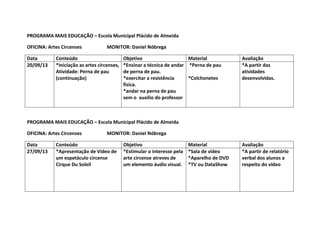 PROGRAMA MAIS EDUCAÇÃO – Escola Municipal Plácido de Almeida
OFICINA: Artes Circenses MONITOR: Daniel Nóbrega
Data Conteúdo Objetivo Material Avaliação
20/09/13 *Iniciação as artes circenses,
Atividade: Perna de pau
(continuação)
*Ensinar a técnica de andar
de perna de pau.
*exercitar a resistência
física.
*andar na perna de pau
sem o auxilio do professor
*Perna de pau
*Colchonetes
*A partir das
atividades
desenvolvidas.
PROGRAMA MAIS EDUCAÇÃO – Escola Municipal Plácido de Almeida
OFICINA: Artes Circenses MONITOR: Daniel Nóbrega
Data Conteúdo Objetivo Material Avaliação
27/09/13 *Apresentação de Vídeo de
um espetáculo circense
Cirque Du Soleil
*Estimular o interesse pela
arte circense atreves de
um elemento áudio visual.
*Sala de vídeo
*Aparelho de DVD
*TV ou DataShow
*A partir de relatório
verbal dos alunos a
respeito do vídeo
 