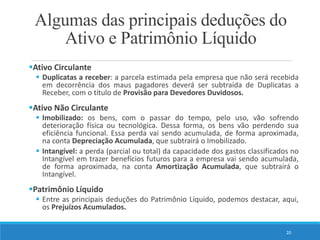 Algumas das principais deduções do
Ativo e Patrimônio Líquido
Ativo Circulante
 Duplicatas a receber: a parcela estimada pela empresa que não será recebida
em decorrência dos maus pagadores deverá ser subtraída de Duplicatas a
Receber, com o título de Provisão para Devedores Duvidosos.
Ativo Não Circulante
 Imobilizado: os bens, com o passar do tempo, pelo uso, vão sofrendo
deterioração física ou tecnológica. Dessa forma, os bens vão perdendo sua
eficiência funcional. Essa perda vai sendo acumulada, de forma aproximada,
na conta Depreciação Acumulada, que subtrairá o Imobilizado.
 Intangível: a perda (parcial ou total) da capacidade dos gastos classificados no
Intangível em trazer benefícios futuros para a empresa vai sendo acumulada,
de forma aproximada, na conta Amortização Acumulada, que subtrairá o
Intangível.
Patrimônio Líquido
 Entre as principais deduções do Patrimônio Líquido, podemos destacar, aqui,
os Prejuízos Acumulados.
20
 