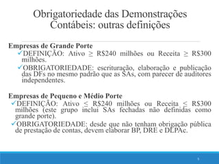 Obrigatoriedade das Demonstrações
Contábeis: outras definições
Empresas de Grande Porte
DEFINIÇÃO: Ativo ≥ R$240 milhões ou Receita ≥ R$300
milhões.
OBRIGATORIEDADE: escrituração, elaboração e publicação
das DFs no mesmo padrão que as SAs, com parecer de auditores
independentes.
Empresas de Pequeno e Médio Porte
DEFINIÇÃO: Ativo ≤ R$240 milhões ou Receita ≤ R$300
milhões (este grupo inclui SAs fechadas não definidas como
grande porte).
OBRIGATORIEDADE: desde que não tenham obrigação pública
de prestação de contas, devem elaborar BP, DRE e DLPAc.
5
 