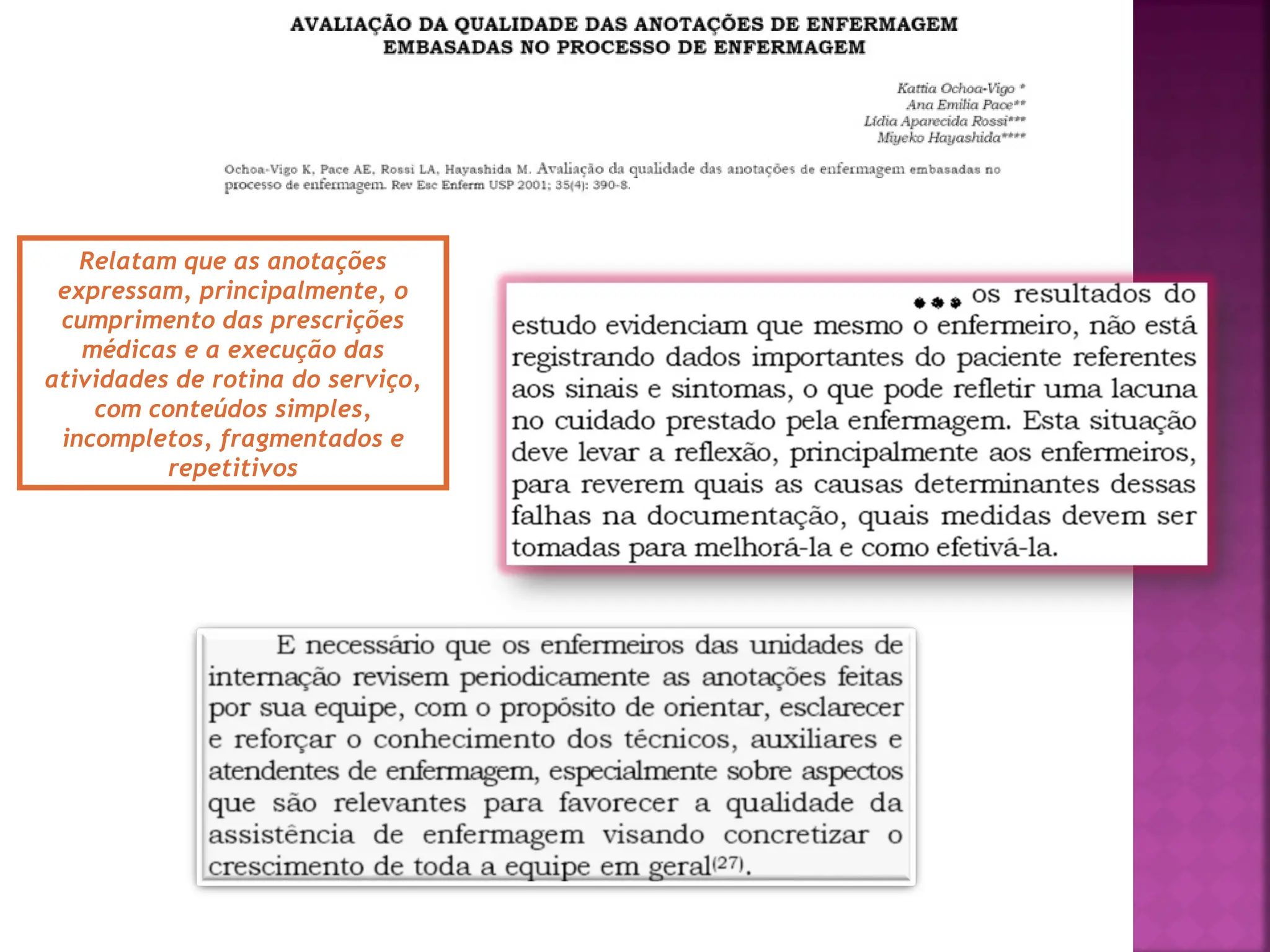 Relatam que as anotações
expressam, principalmente, o
cumprimento das prescrições
médicas e a execução das
atividades de rotina do serviço,
com conteúdos simples,
incompletos, fragmentados e
repetitivos
 
