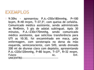 

9:30hs - apresentou P.A.=250x180mmhg, P=100
bcpm, R=40 mrpm, T=37,5º, com queixa de cefaléia.
Comunicado médico assistente, sendo administrado
as 9h40min, 5 gts de adalat sublingual. Após 30
minutos, P.A.=230x170mmhg, sendo comunicado
médico assistente, que solicitou transferência para
UTI as 10:30, foi encaminhado em maca, pela
enfermagem, com soroterapia no dorso da mão
esquerda, semiconsciente, com SVD, sendo drenado
200 ml de diurese clara com depósito, apresentando
P.A.=220x120mmhg, P=80 bcpm, T=37º, R=32 mrpm.
Fulano
–
Ac.
UNICENTRO--------------------------------------

Enf.

 
