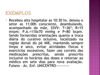 

Recebeu alta hospitalar as 10:30 hs. deixou o
setor as 11:00h consciente, deambulando,
acompanhado da mãe, SSVV: T=36º; R=15
mrpm; P.A.=110x70 mmhg e P=80 bcpm.
Sendo fornecidas orientações quanto a troca
diária do curativo oclusivo, localizado na
região dorsal do pé MIE, mantendo sempre
limpo e seco, evitar atividades físicas e
exercícios excessivos, fazer uso correto das
medicações prescritas, sendo prescrito
inclusive os horários das doses e retornar ao
médico em sete dias para nova avaliação.
Fulano – Ac. Enf. UNICENTRO----------

 