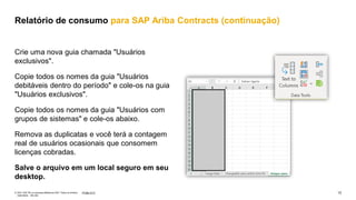 13
PÚBLICO
© 2021 SAP SE ou empresa afiliada da SAP. Todos os direitos
reservados. não são
Crie uma nova guia chamada "Usuários
exclusivos".
Copie todos os nomes da guia "Usuários
debitáveis dentro do período" e cole-os na guia
"Usuários exclusivos".
Copie todos os nomes da guia "Usuários com
grupos de sistemas" e cole-os abaixo.
Remova as duplicatas e você terá a contagem
real de usuários ocasionais que consomem
licenças cobradas.
Salve o arquivo em um local seguro em seu
desktop.
Relatório de consumo para SAP Ariba Contracts (continuação)
 