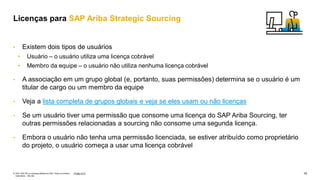 19
PÚBLICO
© 2021 SAP SE ou empresa afiliada da SAP. Todos os direitos
reservados. não são
• Existem dois tipos de usuários
• Usuário – o usuário utiliza uma licença cobrável
• Membro da equipe – o usuário não utiliza nenhuma licença cobrável
• A associação em um grupo global (e, portanto, suas permissões) determina se o usuário é um
titular de cargo ou um membro da equipe
• Veja a lista completa de grupos globais e veja se eles usam ou não licenças
• Se um usuário tiver uma permissão que consome uma licença do SAP Ariba Sourcing, ter
outras permissões relacionadas a sourcing não consome uma segunda licença.
• Embora o usuário não tenha uma permissão licenciada, se estiver atribuído como proprietário
do projeto, o usuário começa a usar uma licença cobrável
Licenças para SAP Ariba Strategic Sourcing
 