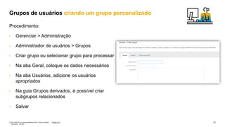 21
PÚBLICO
© 2021 SAP SE ou empresa afiliada da SAP. Todos os direitos
reservados. não são
Procedimento:
• Gerenciar > Administração
• Administrador de usuários > Grupos
• Criar grupo ou selecionar grupo para processar
• Na aba Geral, coloque os dados necessários
• Na aba Usuários, adicione os usuários
apropriados
• Na guia Grupos derivados, é possível criar
subgrupos relacionados
• Salvar
Grupos de usuários criando um grupo personalizado
 