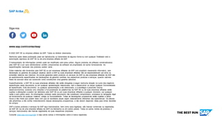 © 2020 SAP SE ou empresa afiliada da SAP. Todos os direitos reservados.
Nenhuma parte desta publicação pode ser reproduzida ou transmitida de alguma forma ou com qualquer finalidade sem a
autorização expressa da SAP SE ou de uma empresa afiliada da SAP.
O transportador de informações contido pode ser modificado sem aviso prévio. Alguns produtos de software comercializados
pela SAP SE e por seus distribuidores contêm componentes de software de propriedade de outros fornecedores. As
especificações nacionais dos produtos podem variar.
Estes materiais são fornecidos pela SAP SE ou por empresas afiliadas da SAP com propósito meramente informativo, sem
declaração ou garantia de qualquer espécie, assim a SAP ou suas empresas afiliadas não se responsabilizam por erros ou
omissões relativos aos mesmos. As únicas garantias pelos produtos ou serviços da SAP ou das empresas afiliadas da SAP são
as explicitamente especificadas em declarações de garantia contidas nos respectivos produtos e serviços, quando cabíveis.
Nada de concreto deve ser construído como constituindo uma garantia adicional.
Especificamente, a SAP SE ou suas empresas afiliadas não estão obrigadas a seguir nenhuma direção no curso dos negócios
especificada neste documento ou em qualquer apresentação relacionada, nem a desenvolver ou lançar qualquer funcionalidade
ali especificada. Este documento, ou qualquer apresentação a ele relacionada, e a estratégia e possíveis futuros
desenvolvimentos, produtos e/ou direções e funcionalidade de plataformas da SAP SE ou de suas empresas afiliadas estão
sujeitos a alterações e podem ser alterados pela SAP SE ou por suas empresas afiliadas a qualquer momento, por qualquer
razão e sem prévio aviso. As informações contidas neste documento não constituem compromisso, promessa ou obrigação legal
de fornecimento de qualquer material, código ou funcionalidade. Todas as declarações prospectivas estão sujeitas a vários
riscos e não Hosts que podem fazer com que os resultados atuais sejam materialmente diferentes das expectativas. Os leitores
são advertidos a não confiar indevidamente nessas declarações prospectivas, e não devem depender delas para tomar decisões
de compra.
SAP e outros produtos e serviços da SAP aqui mencionados, bem como seus logotipos, são marcas comerciais ou registradas
da SAP SE (ou de uma empresa afiliada da SAP) na Alemanha ou em outros países. Todos os outros nomes de produtos e
serviços mencionados são marcas registradas de suas respectivas empresas.
Consulte www.sap.com/copyright e veja outros avisos e informações sobre a marca registrada.
www.sap.com/contactsap
Siga-nos
 