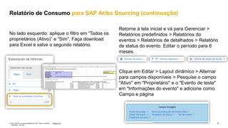 5
PÚBLICO
© 2021 SAP SE ou empresa afiliada da SAP. Todos os direitos
reservados. não são
Retorne à tela inicial e vá para Gerenciar >
Relatórios predefinidos > Relatórios do
eventos > Relatórios de detalhados > Relatório
de status do evento. Editar o período para 6
meses.
Clique em Editar > Layout dinâmico > Alternar
para campos disponíveis > Pesquise o campo
"Ativo" em "Proprietário" e o "Evento de teste"
em "Informações do evento" e adicione como
Campo e página
No lado esquerdo: aplique o filtro em “Todos os
proprietários (Ativo)” e “Sim”. Faça download
para Excel e salve o segundo relatório.
Relatório de Consumo para SAP Ariba Sourcing (continuação)
 