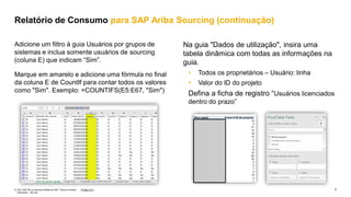 7
PÚBLICO
© 2021 SAP SE ou empresa afiliada da SAP. Todos os direitos
reservados. não são
Na guia "Dados de utilização", insira uma
tabela dinâmica com todas as informações na
guia.
• Todos os proprietários – Usuário: linha
• Valor do ID do projeto
Defina a ficha de registro “Usuários licenciados
dentro do prazo”
Adicione um filtro à guia Usuários por grupos de
sistemas e inclua somente usuários de sourcing
(coluna E) que indicam “Sim”.
Marque em amarelo e adicione uma fórmula no final
da coluna E de CountIf para contar todos os valores
como "Sim". Exemplo: =COUNTIFS(E5:E67, "Sim")
Relatório de Consumo para SAP Ariba Sourcing (continuação)
 