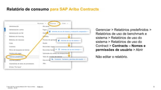 9
PÚBLICO
© 2021 SAP SE ou empresa afiliada da SAP. Todos os direitos
reservados. não são
Gerenciar > Relatórios predefinidos >
Relatórios de uso de benchmark e
sistema > Relatórios de uso do
sistema > Relatórios de uso do
Contract > Contracts – Nomes e
permissões de usuário > Abrir
Não editar o relatório.
Relatório de consumo para SAP Ariba Contracts
 