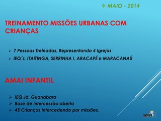  MAIO - 2014
TREINAMENTO MISSÕES URBANAS COM
CRIANÇAS
 7 Pessoas Treinadas, Representando 4 Igrejas
 IEQ´s, ITAITINGA, SERRINHA I, ARACAPÉ e MARACANAÚ
AMAI INFANTIL
 IEQ Jd. Guanabara
 Base de intercessão aberta
 45 Crianças intercedendo por missões.
 