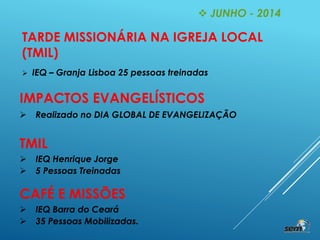  JUNHO - 2014
TARDE MISSIONÁRIA NA IGREJA LOCAL
(TMIL)
 IEQ – Granja Lisboa 25 pessoas treinadas
IMPACTOS EVANGELÍSTICOS
 Realizado no DIA GLOBAL DE EVANGELIZAÇÃO
TMIL
 IEQ Henrique Jorge
 5 Pessoas Treinadas
CAFÉ E MISSÕES
 IEQ Barra do Ceará
 35 Pessoas Mobilizadas.
 
