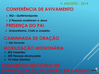  AGOSTO - 2014
CONFERÊNCIA DE AVIVAMENTO
 IEQ – Quitérianópoles
 2 Pessoas aceitaram a Jesus
PRESENÇA DO PAI
 Uruburetama, Crato e Juazeiro.
CAMINHADA DE ORAÇÃO
MOBILIZAÇÃO MISSIONÁRIA
 IEQ Vazantes
 200 Pessoas Alcançadas
 10 vidas Ganhas.
CONGRESSO NACIONAL DE
EVANGELIZAÇÃO DE SERTÃO EM jUAZEIRO
 São Gonçalo
 