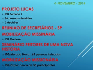 PROJETO LUCAS
 IEQ Serrinha 2
 86 pessoas atendidas
 2 decisões
REUNIAO DE SECRETÁRIOS - SP
MOBILIZAÇÃO MISSINÁRIA
 IEQ Montese
SEMINÁRIO FEITORES DE UMA NOVA
HISTÓRIA
 IEQ Morada Nova: 65 pessoas treinadas
MOBILIZAÇÃO MISSIONÁRIA
 IEQ Crato: cerca de 50 participantes
 NOVEMBRO - 2014
 