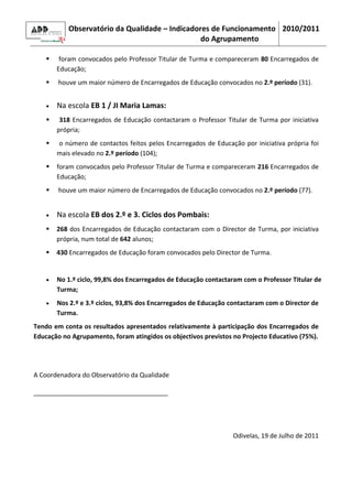 Observatório da Qualidade – Indicadores de Funcionamento 2010/2011
                                                do Agrupamento

        foram convocados pelo Professor Titular de Turma e compareceram 80 Encarregados de
        Educação;
       houve um maior número de Encarregados de Educação convocados no 2.º período (31).


    •   Na escola EB 1 / JI Maria Lamas:
        318 Encarregados de Educação contactaram o Professor Titular de Turma por iniciativa
        própria;
       o número de contactos feitos pelos Encarregados de Educação por iniciativa própria foi
        mais elevado no 2.º período (104);
       foram convocados pelo Professor Titular de Turma e compareceram 216 Encarregados de
        Educação;
       houve um maior número de Encarregados de Educação convocados no 2.º período (77).


    •   Na escola EB dos 2.º e 3. Ciclos dos Pombais:
       268 dos Encarregados de Educação contactaram com o Director de Turma, por iniciativa
        própria, num total de 642 alunos;
       430 Encarregados de Educação foram convocados pelo Director de Turma.


    •   No 1.º ciclo, 99,8% dos Encarregados de Educação contactaram com o Professor Titular de
        Turma;
    •   Nos 2.º e 3.º ciclos, 93,8% dos Encarregados de Educação contactaram com o Director de
        Turma.
Tendo em conta os resultados apresentados relativamente à participação dos Encarregados de
Educação no Agrupamento, foram atingidos os objectivos previstos no Projecto Educativo (75%).




A Coordenadora do Observatório da Qualidade

______________________________________




                                                                 Odivelas, 19 de Julho de 2011
 