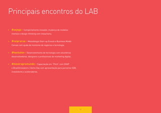 53 
• 
#sejoga - Comportamento inovador, mudança de modelos 
mentais e design-thinking com intoactions; 
• 
#vaiprarua - Metodologia Start-up Enxuta e Business Model 
Canvas com ajuda de mentores de negócios e tecnologia; 
• 
#hackaton - Desenvolvimento de tecnologia com voluntários desenvolvedores, designers e profissionais de marketing digital; 
• 
#mostrapromundo - Capacitação em “Pitch” com SOAP 
e BrazilInnovators | Demo Day com apresentação para parceiros SGB, investidores e aceleradoras. 
Principais encontros do LAB  