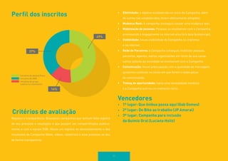 77 
Perfil dos inscritos 
Critérios de avaliação 
Registro e transparência: Buscamos campanhas que tenham feito registro do seu processo e resultados e que possam ser compartilhados publicamente e com a equipe SGB. Houve um registro do desenvolvimento e dos resultados da Campanha (fotos, vídeos, relatórios) e esse processo se deu de forma transparente; 
• 
Efetividade: o objetivo estabelecido no início da Campanha, além 
de outros não estabelecidos, foram efetivamente atingidos; 
• 
Mudança Real: A campanha conseguiu causar uma mudança real; 
• 
Mobilização de pessoas: Pessoas se envolveram com a Campanha, promovendo o engajamento na internet e/ou fora dela (presencial); 
• 
Visibilidade: houve visibilidade da Campanha na imprensa 
e na internet; 
• 
Rede de Parceiros: a Campanha conseguiu mobilizar pessoas, 
parceiros, agentes, outras organizações em torno da sua causa; 
outros setores da sociedade se envolveram com a Campanha; 
• 
Comunicação: houve preocupação com a qualidade da mensagem, quisemos conhecer os casos em que foram criadas peças 
de comunicação; 
• 
Timing de oportunidade: havia uma necessidade imediata 
e a Campanha ocorreu no momento certo; 
Vencedores 
• 
1º lugar: Que ônibus passa aqui (Gab Gomes) 
• 
2º lugar: De Bike ao trabalho (JP Amaral) 
• 
3º lugar: Campanha para inclusão 
da Quimio Oral (Luciana Holtz) 
Iniciativa de pessoa físicaIniciativa de ONGIniciativa de grupo, coletivo ou movimento37% 49% 14%  
