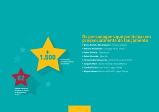 Os personagens que participaram presencialmente do lançamento 
• Bruno Nichel e Mara Goulart - Projeto Integrar 
• Marcelo Michelsohn - Conexão Pais e Filhos 
• Pedro Oliveira - Teto Brasil 
• Rafael Rezende - Meu Rio 
• Fernanda Bornhausen Sá - Portal Voluntários Online 
• Joaquim Melo - Banco Palmas e Banco Maricá 
• Claudia Furiati (roteirista) - Lagoa Filmes 
• Wagner Novais (diretor do filme) - Lagoa Filmes 
83 
82+ 1.500Visualizações do filme em apenasuma semanaPessoas estiveramna sessão de estreiado documentáriono CIC  