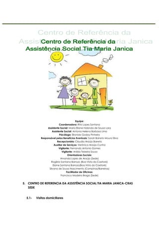 Equipe:
Coordenadora: Rita Lopes Santana
Assistente Social: Maria Eliane Holanda de Sousa Lara
Assistente Social: Antonia Helena Barbosa Lima
Psicóloga: Elronida Godoy Pinheiro
Responsável pelos Benefícios Eventuais: Sarah Barreto Moura Silva
Recepcionista: Claudia Araújo Barreto
Auxiliar de Serviços: Verônica Araújo Cunha
Vigilante: Fernando Antonio Gomes
Vigilante: Anildo Teixeira Sousa
Orientadores Sociais:
Amanda Lopes de Araújo (Sede)
Rogéria Santana Barrozo (Boa Vista do Caxitoré)
Elaine Santana Barrozo(Boa Vista do Caxitoré)
Silvana de Sousa Nascimento (Campinas/Barreiras)
Facilitador de Oficinas:
Francisco Madeira Braga (Sede)
5. CENTRO DE REFERENCIA DA ASSISTÊNCIA SOCIAL TIA MARIA JANICA-CRAS
SEDE
5.1- Visitas domiciliares
 