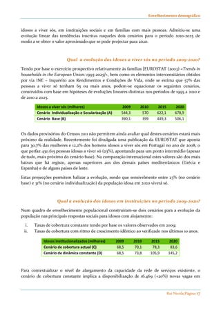 Envelhecimento demográfico 
idosos a viver sós, em instituições sociais e em famílias com mais pessoas. Admitiu-se uma 
evolução linear das tendências inscritas naqueles dois cenários para o período 2010-2025 de 
modo a se obter o valor aproximado que se pode projectar para 2020. 
Qual a evolução dos idosos a viver sós no período 2009-2020? 
Tendo por base o exercício prospectivo relativamente às famílias [EUROSTAT (2003) «Trends in 
households in the European Union: 1995-2025]», bem como os elementos intercensitários obtidos 
por via INE – Inquérito aos Rendimentos e Condições de Vida, onde se estima que 57% das 
pessoas a viver só tenham 65 ou mais anos, podem-se equacionar os seguintes cenários, 
construídos com base em hipóteses de evoluções lineares distintas nos períodos de 1995 a 2010 e 
de 2010 a 2025. 
Idosos a viver sós (milhares) 2009 2010 2015 2020 
Cenário Individualização e Secularização (A) 544,3 570 622,1 678,9 
Cenário Base (B) 390,1 399 449,3 506,1 
Os dados provisórios do Censos 2011 não permitem ainda avaliar qual destes cenários estará mais 
próximo da realidade. Recentemente foi divulgada uma publicação da EUROSTAT que aponta 
para 30,7% das mulheres e 12,2% dos homens idosos a viver sós em Portugal no ano de 2008, o 
que perfaz 430.615 pessoas idosas a viver só (23%), apontando para um ponto intermédio (apesar 
de tudo, mais próximo do cenário base). Na comparação internacional estes valores são dos mais 
baixos que há registo, apenas superiores aos dos demais países mediterrânicos (Grécia e 
Espanha) e de alguns países de leste. 
Estas projecções permitem balizar a evolução, sendo que sensivelmente entre 23% (no cenário 
base) e 31% (no cenário individualização) da população idosa em 2020 viverá só. 
Qual a evolução dos idosos em instituições no período 2009-2020? 
Num quadro de envelhecimento populacional construíram-se dois cenários para a evolução da 
população nas principais respostas sociais para idosos com alojamento: 
i. Taxas de cobertura constante tendo por base os valores observados em 2009; 
ii. Taxas de cobertura com ritmo de crescimento idêntico ao verificado nos últimos 10 anos. 
Idosos institucionalizados (milhares) 2009 2010 2015 2020 
Cenário de cobertura actual (C) 68,5 70,1 78,3 83,6 
Cenário de dinâmica constante (D) 68,5 73,8 105,9 145,2 
Para contextualizar o nível de alargamento da capacidade da rede de serviços existente, o 
cenário de cobertura constante implica a disponibilização de 16.469 (+20%) novas vagas em 
Rui Nicola|Página 17 
 