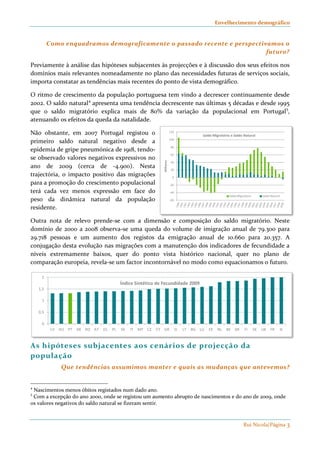 Envelhecimento demográfico 
Como enquadramos demograficamente o passado recente e perspectivamos o 
futuro? 
Previamente à análise das hipóteses subjacentes às projecções e à discussão dos seus efeitos nos 
domínios mais relevantes nomeadamente no plano das necessidades futuras de serviços sociais, 
importa constatar as tendências mais recentes do ponto de vista demográfico. 
O ritmo de crescimento da população portuguesa tem vindo a decrescer continuamente desde 
2002. O saldo natural4 apresenta uma tendência decrescente nas últimas 5 décadas e desde 1995 
que o saldo migratório explica mais de 80% da variação da populacional em Portugal5, 
atenuando os efeitos da queda da natalidade. 
Não obstante, em 2007 Portugal registou o 
Saldo Migratório e Saldo Natural 
primeiro saldo natural negativo desde a 
epidemia de gripe pneumónica de 1918, tendo-se 
Saldo Migratório Saldo Natural 
Índice Sintético de Fecundidade 2009 
LV HU PT DE RO AT ES PL SK IT MT CZ CY GR SI LT BG LU EE NL BE DK FI SE UK FR IE 
Rui Nicola|Página 3 
observado valores negativos expressivos no 
120 
100 
80 
60 
40 
Milhares 
ano de 2009 (cerca de -4.900). Nesta 
20 
trajectória, o impacto positivo das migrações 
0 
para a promoção do crescimento populacional 
-20 
terá cada vez menos expressão em face do 
-40 
peso da dinâmica natural da população 
-60 
residente. 
Outra nota de relevo prende-se com a dimensão e composição do saldo migratório. Neste 
domínio de 2000 a 2008 observa-se uma queda do volume de imigração anual de 79.300 para 
29.718 pessoas e um aumento dos registos da emigração anual de 10.660 para 20.357. A 
conjugação desta evolução nas migrações com a manutenção dos indicadores de fecundidade a 
níveis extremamente baixos, quer do ponto vista histórico nacional, quer no plano de 
comparação europeia, revela-se um factor incontornável no modo como equacionamos o futuro. 
2 
1,5 
1 
0,5 
0 
As hipóteses subjacentes aos cenários de projecção da 
população 
Que tendências assumimos manter e quais as mudanças que antevemos? 
4 Nascimentos menos óbitos registados num dado ano. 
5 Com a excepção do ano 2000, onde se registou um aumento abrupto de nascimentos e do ano de 2009, onde 
os valores negativos do saldo natural se fizeram sentir. 
 