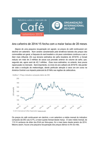 Ano cafeeiro de 2014/15 fecha com a maior baixa de 20 meses
Depois de uma pequena recuperação em agosto, os preços do café continuaram em
declínio em setembro. Num cenário caracterizado pela tendência baixista dos preços das
commodities em geral, a fraqueza do real brasileiro e do peso colombiano continuou a ser o
fator mais influente. Em sua terceira estimativa da safra brasileira de 2015/16, a Conab
reduziu em mais de 2 milhões de sacas sua previsão anterior do volume da safra, que,
segundo ela, agora será de 42,1 milhões. Essa nova estimativa, no entanto, teve pouca
repercussão no mercado. Será importante, no início do ano cafeeiro de 2015/16, não perder
de vista a evolução da meteorologia, dando particular atenção à seca ora em curso na
América Central e ao impacto potencial do El Niño nas regiões de cafeicultura.
Os preços do café continuaram em declínio, e em setembro a média mensal do indicativo
composto da OIC caiu 6,7%, a maior queda mensal desde março. O valor médio mensal, de
113,14 centavos de dólar dos EUA por libra-peso, foi o mais baixo desde janeiro de 2014.
Mesmo assim, houve uma pequena recuperação dos preços diários no fim do mês.
80
100
120
140
160
180
200
UScents/lb
Gráfico 1: Preço indicativo composto diário da OIC
© 2015 International Coffee Organization (www.ico.org)
 