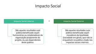 Impacto Social
Impacto Social Interno
São aqueles resultados cujo
público beneficiado sejam
funcionários ou colaboradores da
organização proponente do
projeto, ou aos dependentes
deste público.
Impacto Social Externo
São aqueles resultados cujo
público beneficiado sejam
moradores da localidade
(sociedade em geral), que não se
enquadram no público citado nos
impactos sociais internos.
e
 
