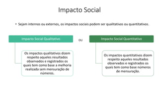 • Sejam internos ou externos, os impactos sociais podem ser qualitativos ou quantitativos.
Impacto Social
Impacto Social Qualitativo
Os impactos qualitativos dizem
respeito aqueles resultados
observados e registrados os
quais tem como base a melhoria
realizada sem mensuração de
números.
Impacto Social Quantitativo
Os impactos quantitativos dizem
respeito aqueles resultados
observados e registrados os
quais tem como base números
de mensuração.
OU
 